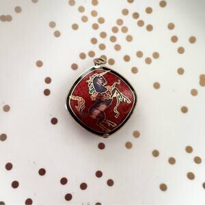 Red Cloisonne Vintage Diagonal Posing Dancing Unicorn Pendant Only No Chain